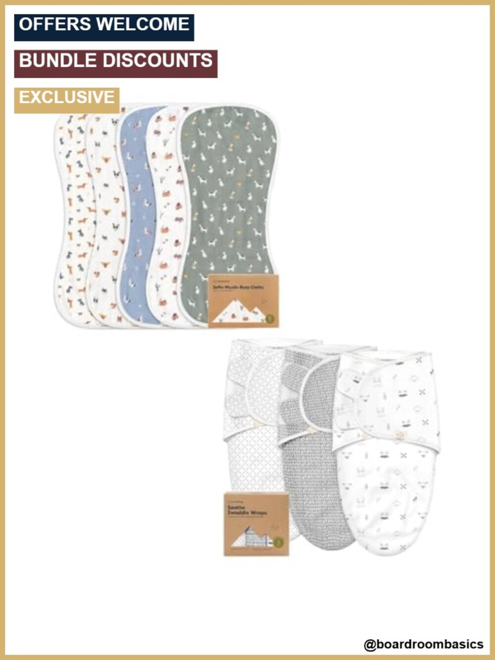 Muslin Burp Cloths 5-Pack & Swaddle Sleep Sacks 3-Pack Cotton Absorbent
